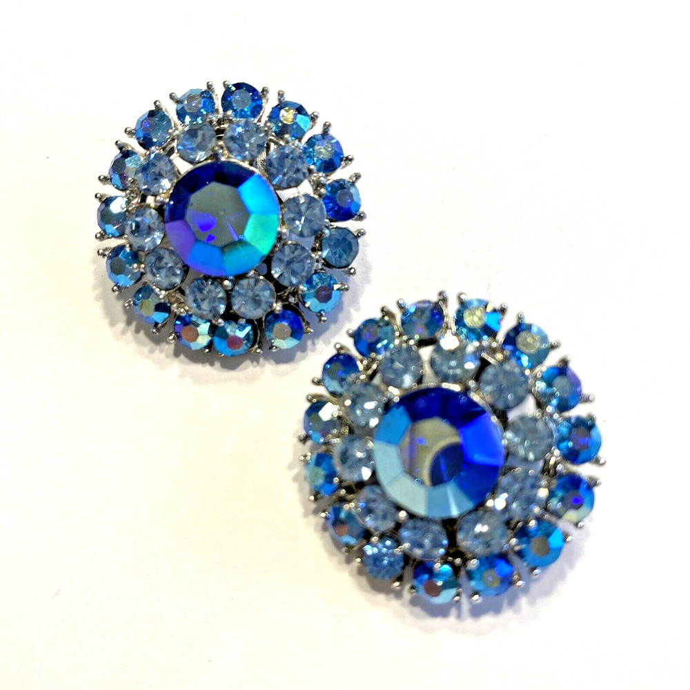 Vintage Clip On Earrings Silver & Blue AB Rhinestone Rounds Signed Amerique